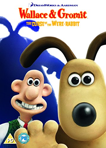DVD cover featuring cartoon characters Wallace and Gromit with a were-rabbit shadow behind.