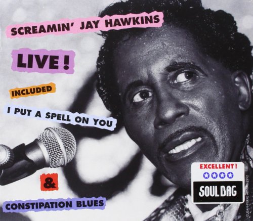 Screamin’ Jay Hawkins portrait on CD cover with microphone and text.