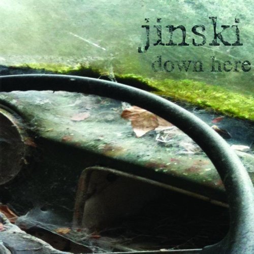 "Abandoned car interior with moss, leaves, and spider webs, with 'jinski down here' text."