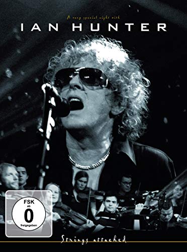 Ian Hunter singing into a microphone on a "Strings Attached" DVD cover.