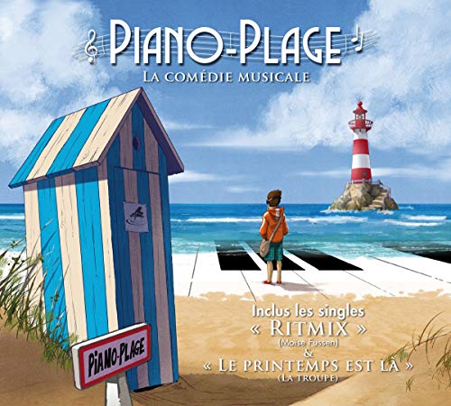 CD cover: beach scene with piano keys, blue cabin, and lighthouse.