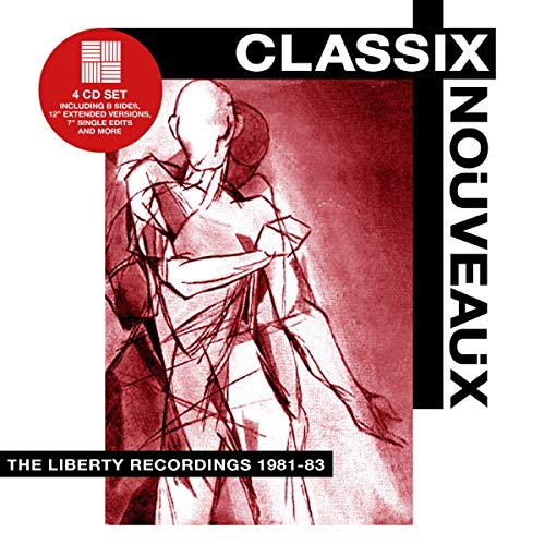 "Album cover with abstract red drawing, white and black text on a white background."