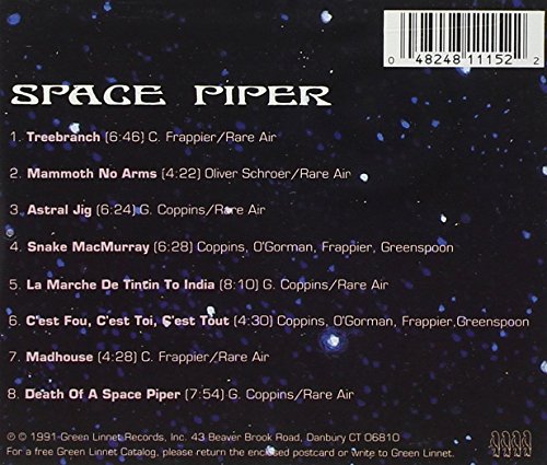 "Album cover: astronaut in plaid kilt plays bagpipes on a rocky outcrop in space."