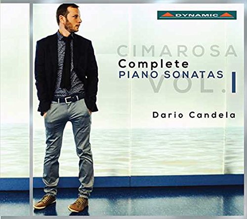 Man standing with hands in pockets on a CD cover with text "Cimarosa: Complete Piano Sonatas".