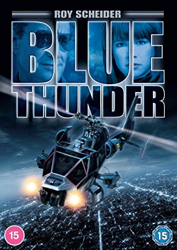 "Blue Thunder DVD cover featuring a futuristic aircraft and actors' faces in blue tones."