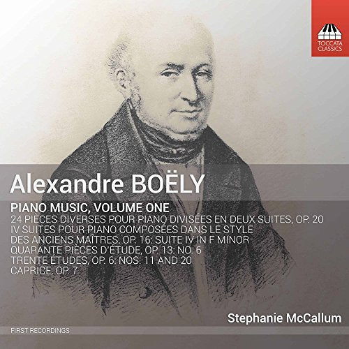 CD cover with sketch of Alexandre Boély and text describing piano music compilation.