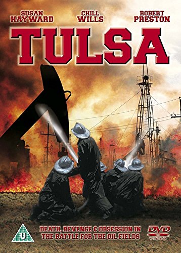 DVD cover for "Tulsa" showing oil workers amid flames and derricks.