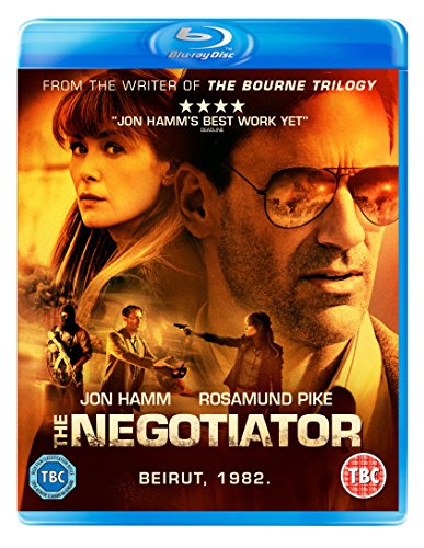 Blu-ray cover for "The Negotiator" featuring Jon Hamm and Rosamund Pike.