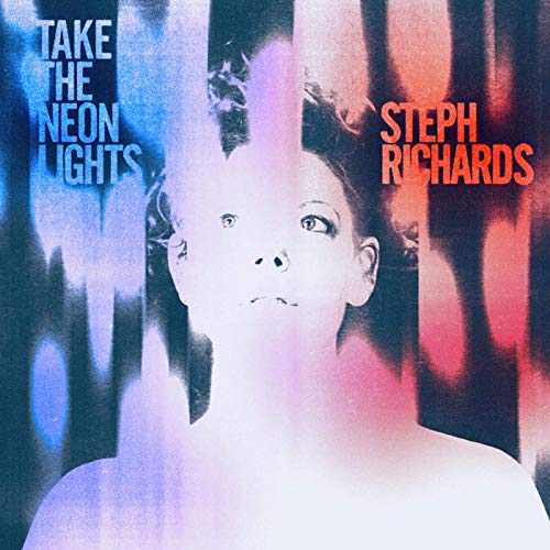 "Album cover featuring a woman's face with neon-lit vertical stripes and artist's name."