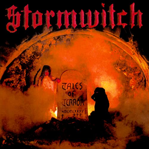 Stormwitch album cover: a tombstone, ghostly figure, and fiery orange background.