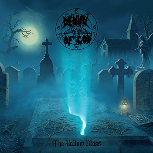 "Album cover art: dark graveyard scene with glowing tombstone and occult symbols."