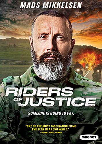 DVD cover for "Riders of Justice" featuring Mads Mikkelsen in military attire.