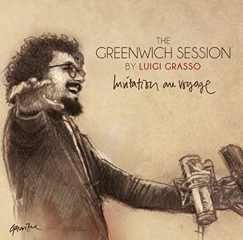 Sketch of Luigi Grasso at a microphone, album cover for "The Greenwich Session".