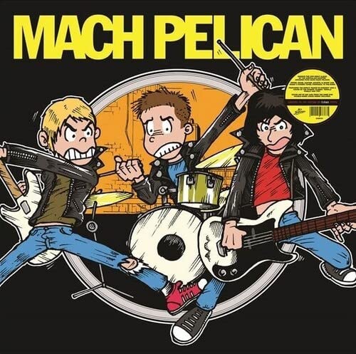 Cartoon illustration of three musicians playing rock instruments.