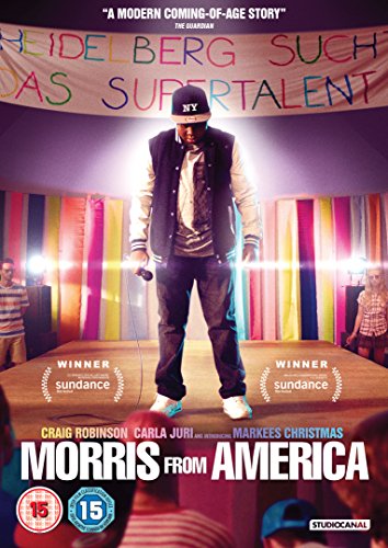 "DVD cover for 'Morris From America' featuring a young rapper on stage."