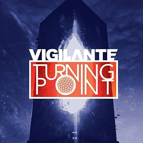 "Album cover for 'Vigilante - Turning Point' with dark, abstract shape and bold text."