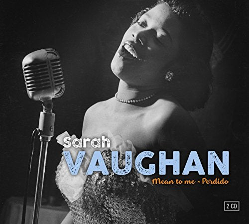 Sarah Vaughan singing into a vintage microphone, CD cover art.