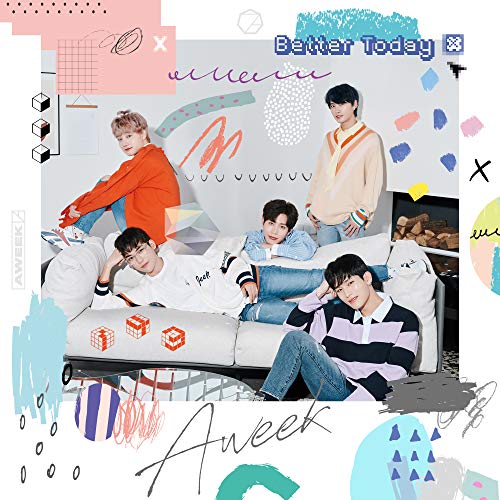 Aweek K-pop group album cover featuring five members lounging on a couch together.