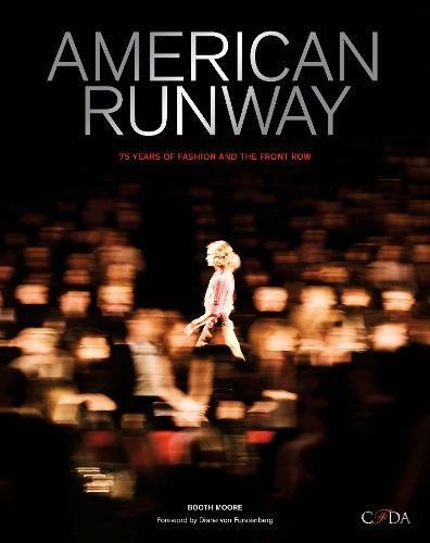 "Book cover with a blurred model walking down a runway, 'American Runway' title above."