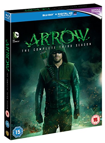 "Blu-ray case for 'Arrow: The Complete Third Season' featuring a man in a green costume."