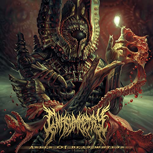 Dark, detailed album cover featuring a monstrous, skeletal figure in red tones.