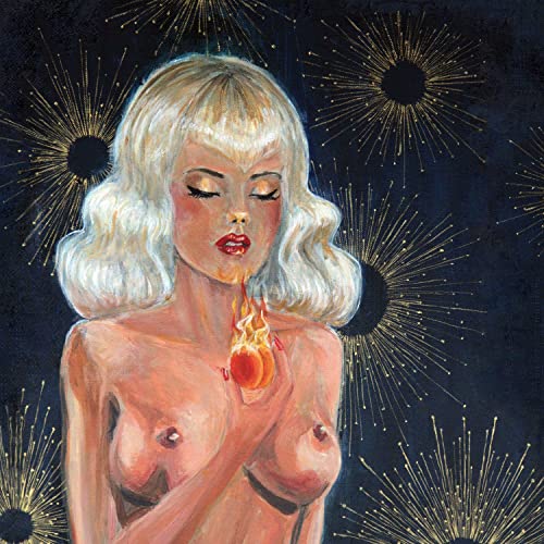 Painting of a woman with blonde hair holding a flaming heart.