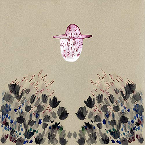 Watercolor painting of a hat-shaped object above abstract foliage.