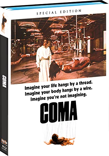 Coma" Blu-ray cover featuring a woman in white amidst medical equipment.