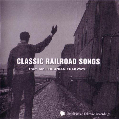 "CD cover featuring man waving at train on railroad tracks in monochrome."