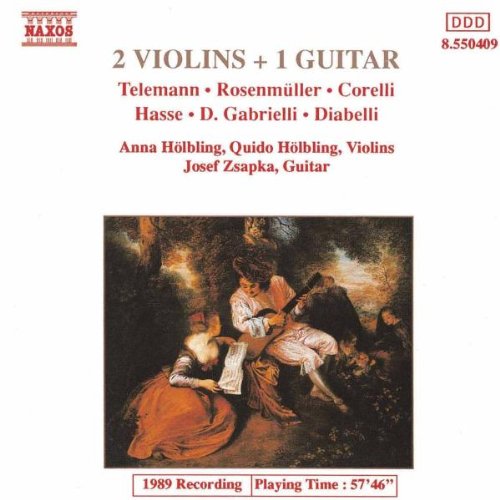 "CD cover with a painting of three musicians playing stringed instruments in a forest."