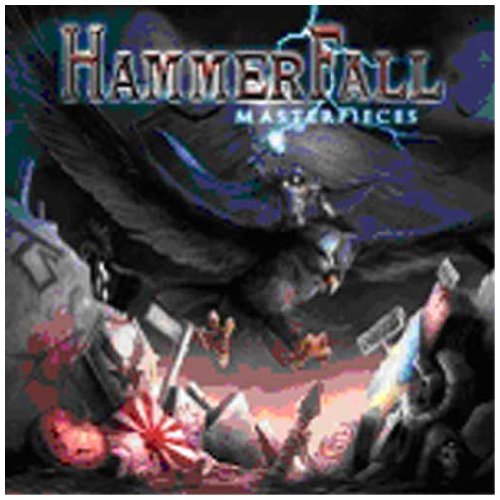 "CD cover art: knight on an eagle, surrounded by armor and swords, dark background."