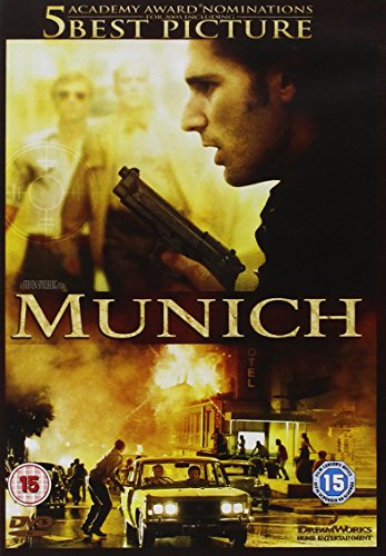 DVD cover for "Munich" featuring a man with a gun and explosions.