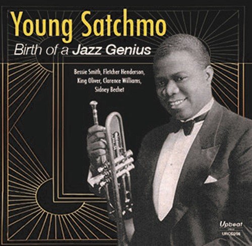 "CD cover with Louis Armstrong holding a trumpet, in black and white, against a black background."