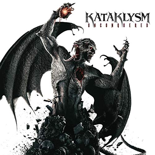 "Album cover art featuring a grotesque, winged creature rising from a pile of skulls."
