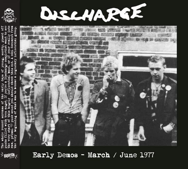 CD cover for Discharge’s “Early Demos” featuring a black and white band photo.
