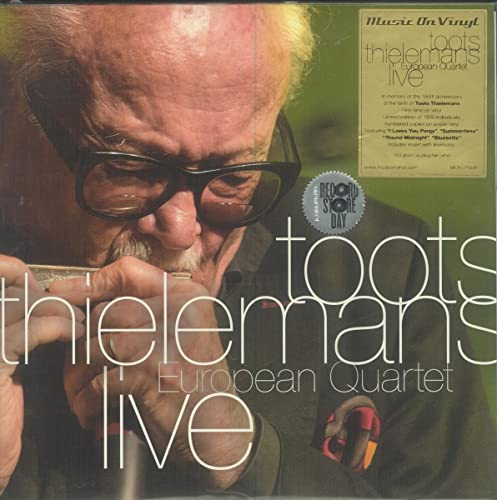 Vinyl album cover featuring Toots Thielemans playing a harmonica, with text overlay.