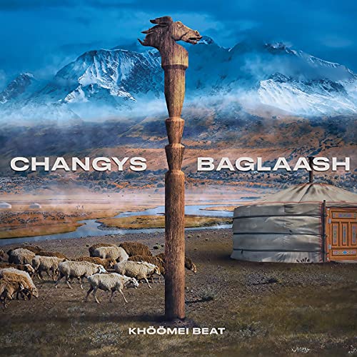 CD cover: carved horse head, mountains, yurt, and grazing sheep.