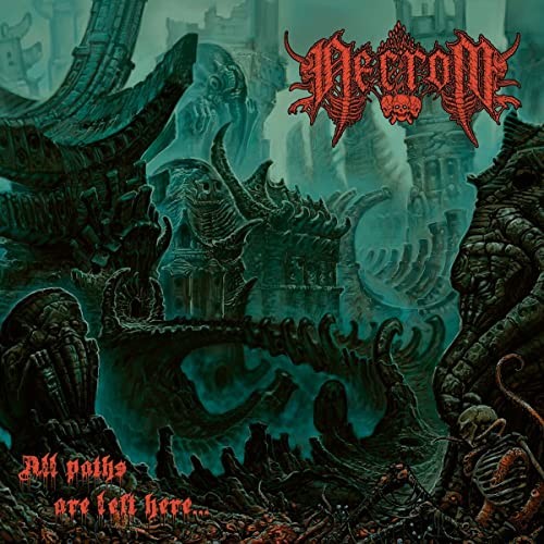 Dark fantasy album cover with skeletal structures and the band name "Necrom.