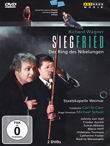 "Siegfried DVD cover featuring two men, one holding a spear, against a dark background."