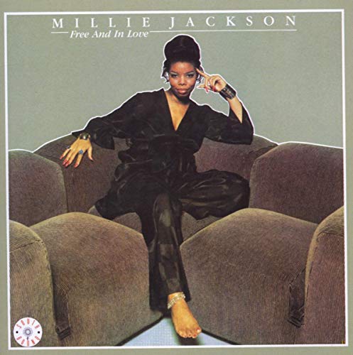 Millie Jackson album cover, “Free & In Love”, seated woman in black.