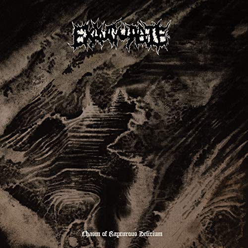 Dark album cover with jagged text and a distorted landscape.