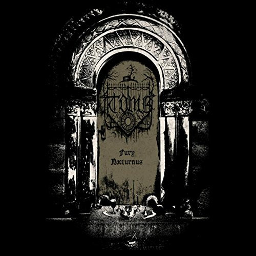 "Black and white image of a gothic tombstone with 'T.O.M.B. Fury Nocturnus' text."