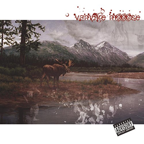 Moose stands by a river with mountains, red splatters above.