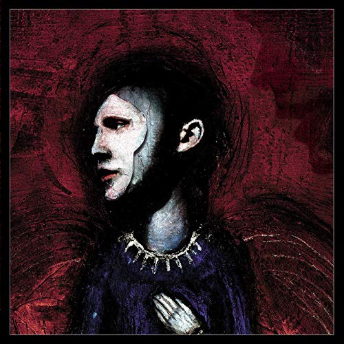 Painted portrait of a pale figure with dark hair, red background.