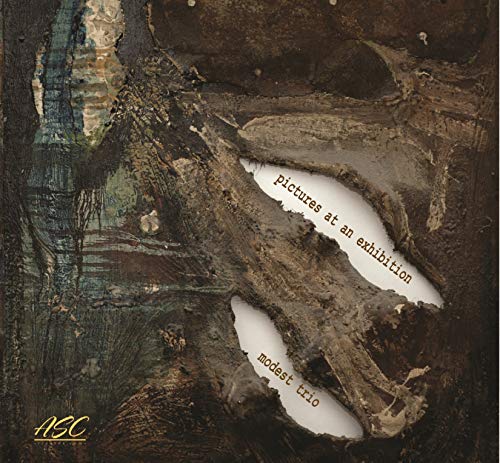 "Album cover with abstract, textured design and 'modest trio' and 'pictures at an exhibition' text."