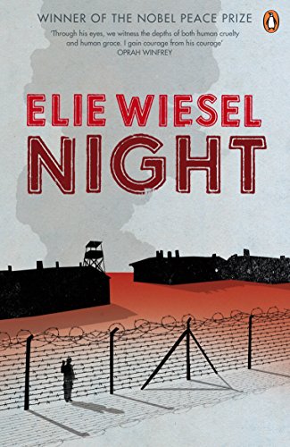 Book cover of "Night" by Elie Wiesel, featuring a person near a barbed-wire fence.