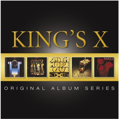 "Black album cover with 'KING'S X' in gold, featuring five smaller album art images."