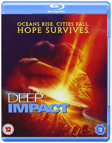 Blu-ray cover for Deep Impact showing two people embracing against a fiery, destructive background.