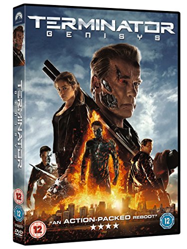 Terminator Genisys DVD cover featuring Arnold Schwarzenegger and cast in action.