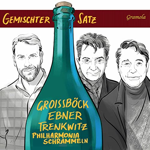 CD cover art featuring three illustrated men behind a large green wine bottle.
